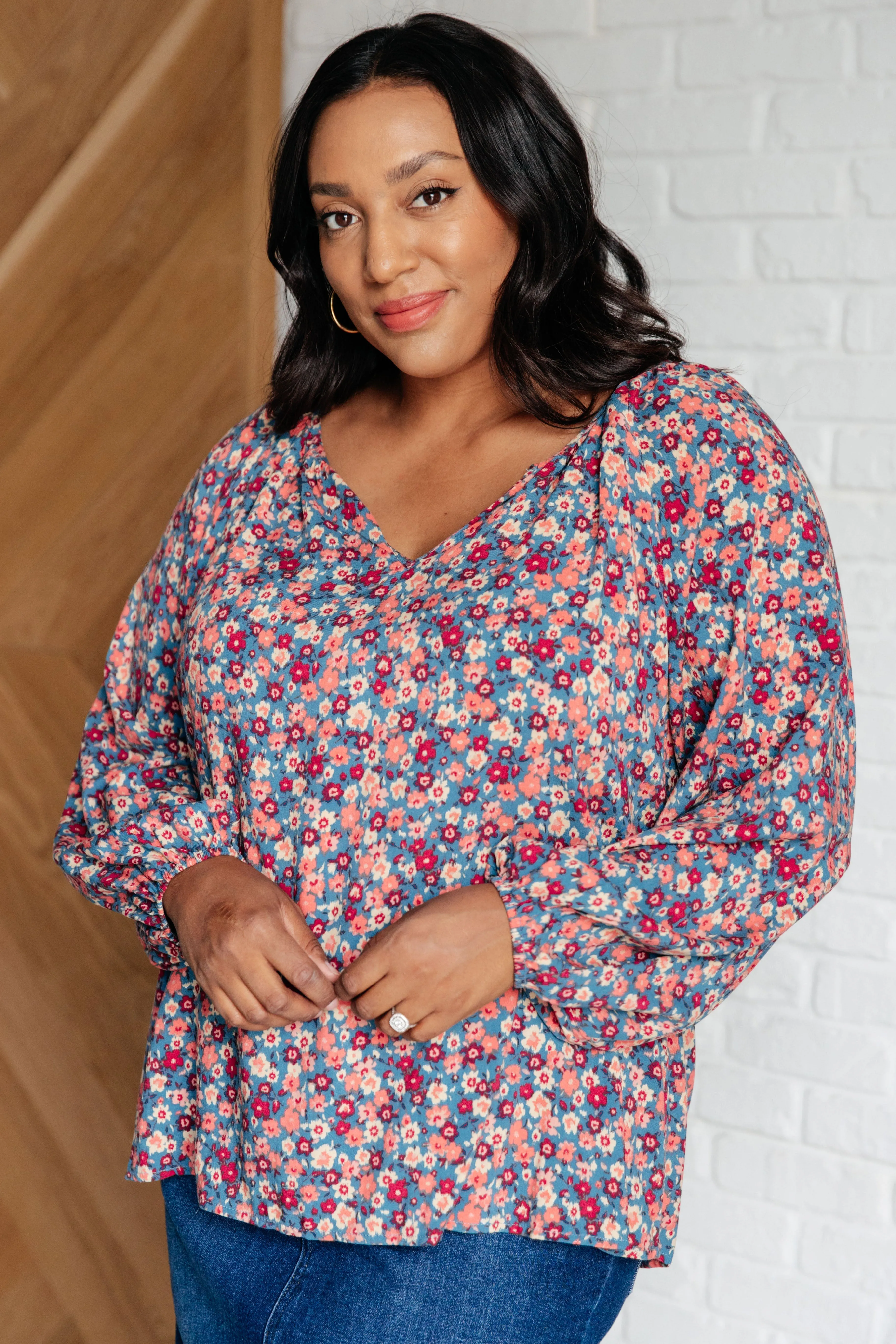 Andree By Unit Sunday Brunch Blouse in Denim Floral