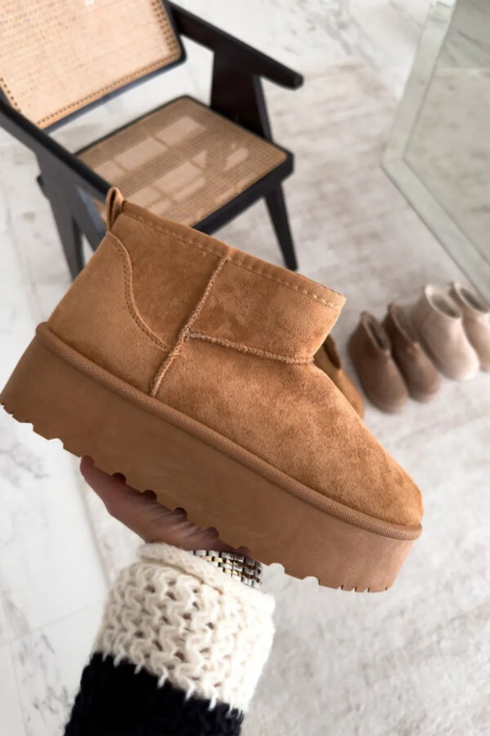 CHESTNUT ULTRA MINI PLATFORM FAUX FUR LINED ANKLE BOOTS