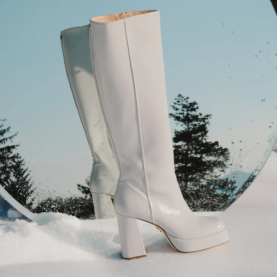 CINDY 01  STORM GRAY CRUSHED PATENT LEATHER PLATFORM BOOTS