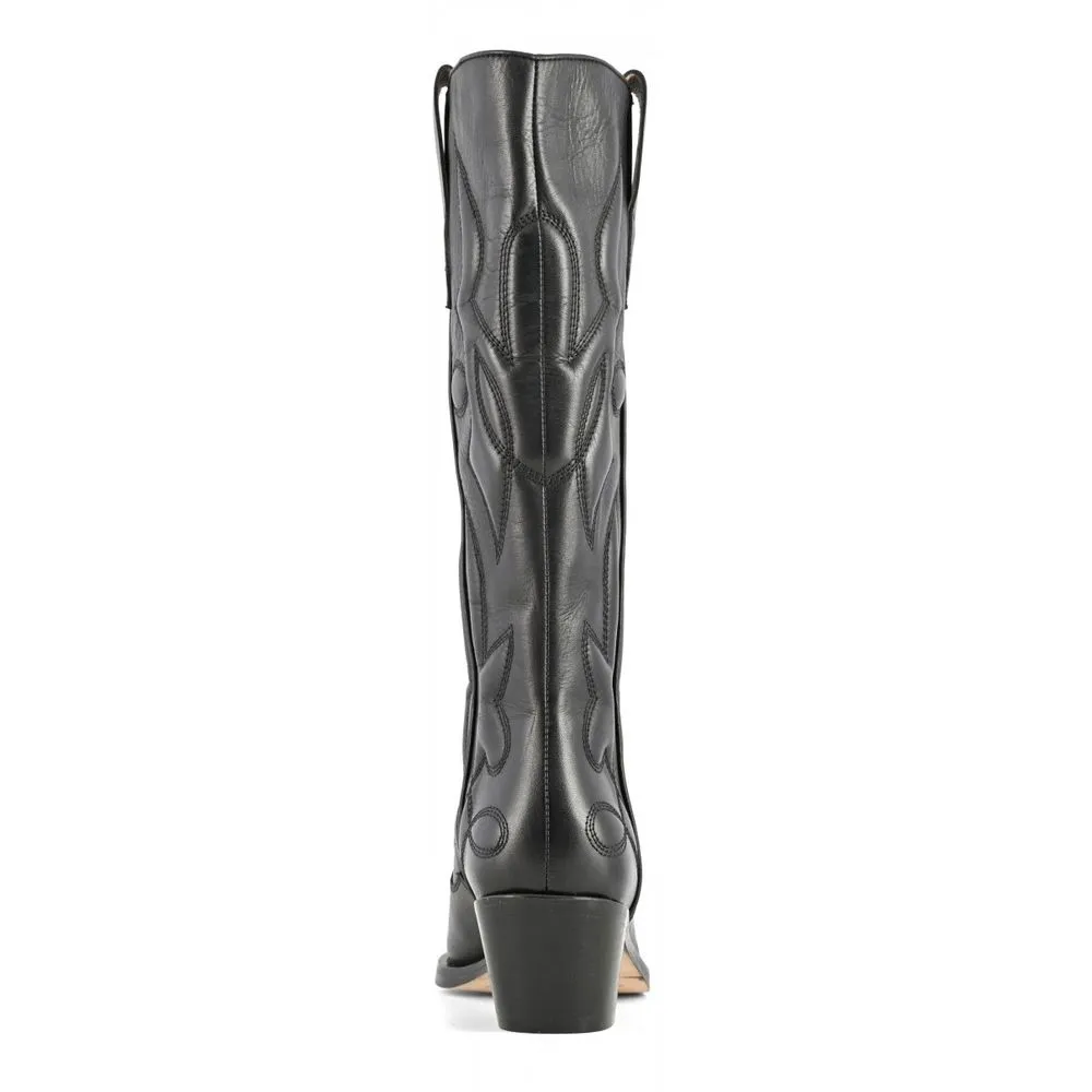 Coral Blue Chic Black Texan Leather Boots with Heel