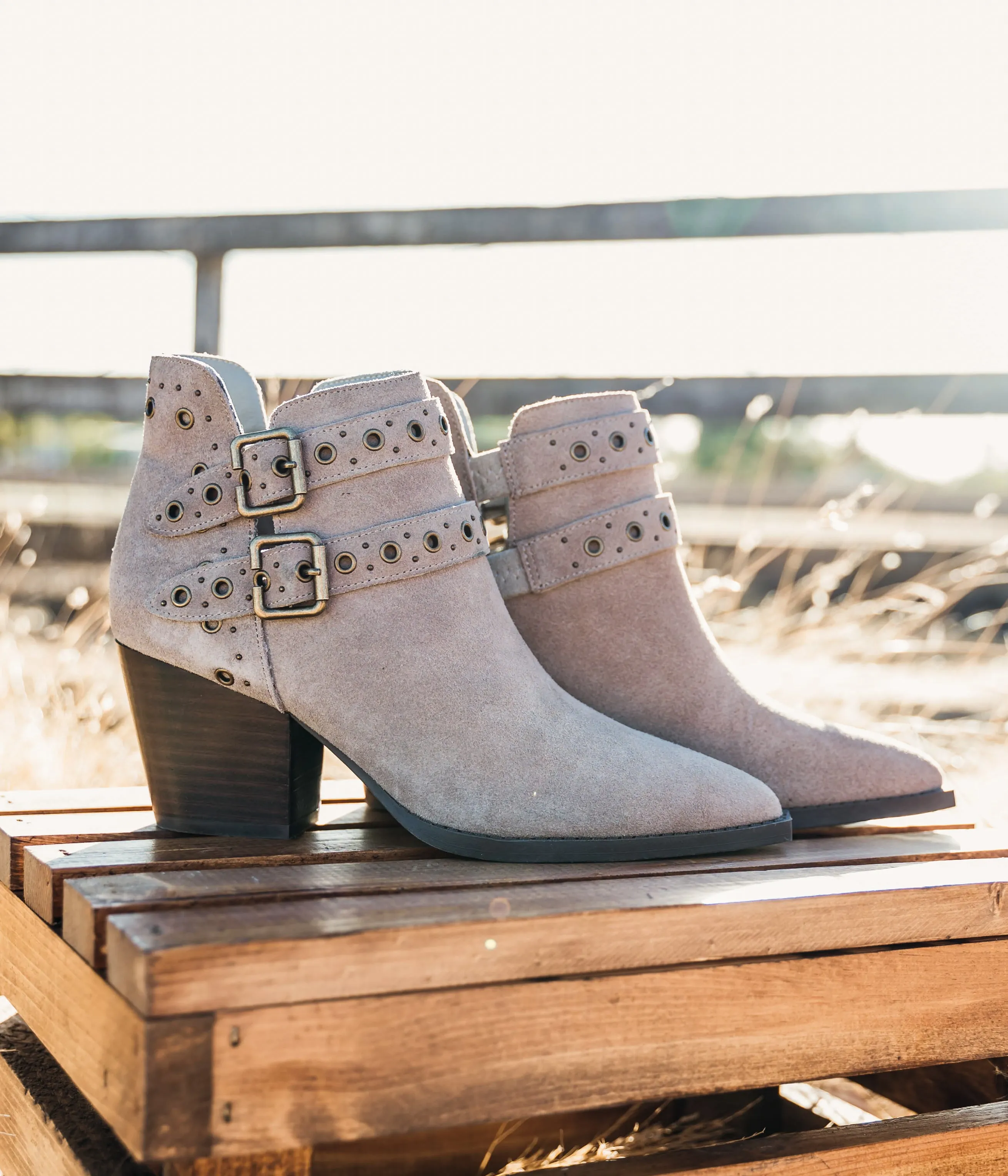 Elsa Leather Ankle Boots in Taupe - Genuine Suede with Cushioned Footbed, Adjustable Buckles, Stylish Brass Grommets