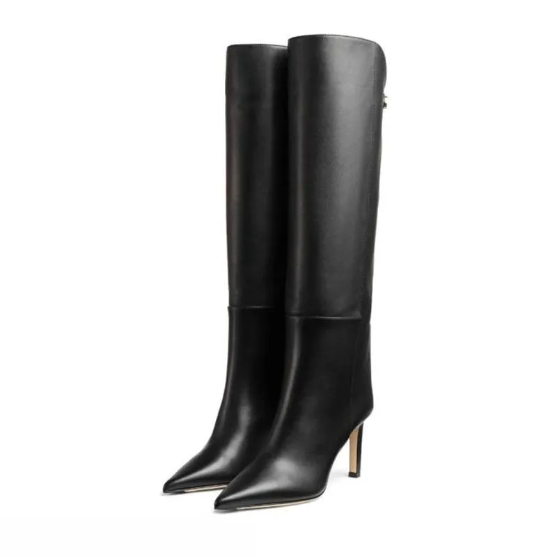 European and American Style Metal Buckle Spliced Stiletto Knee Boots