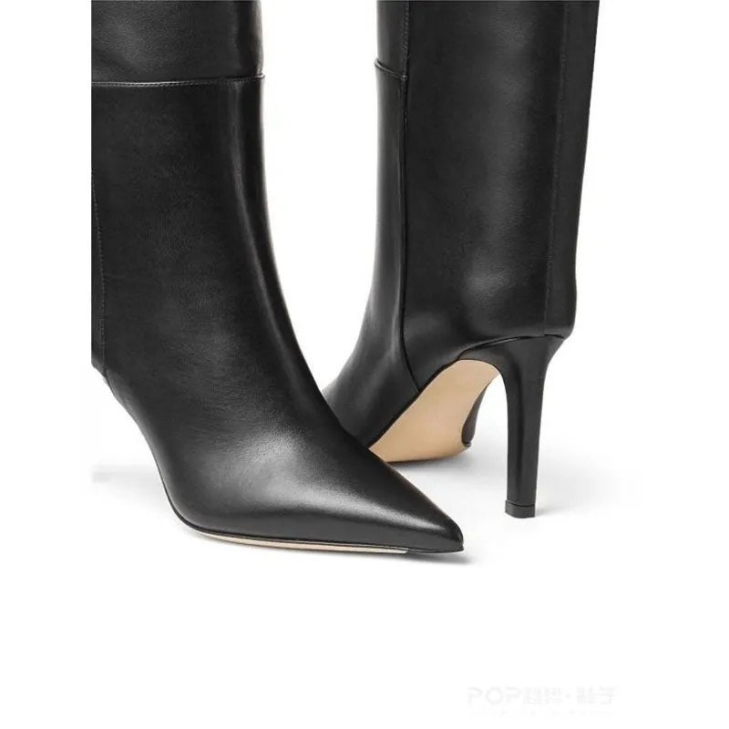 European and American Style Metal Buckle Spliced Stiletto Knee Boots