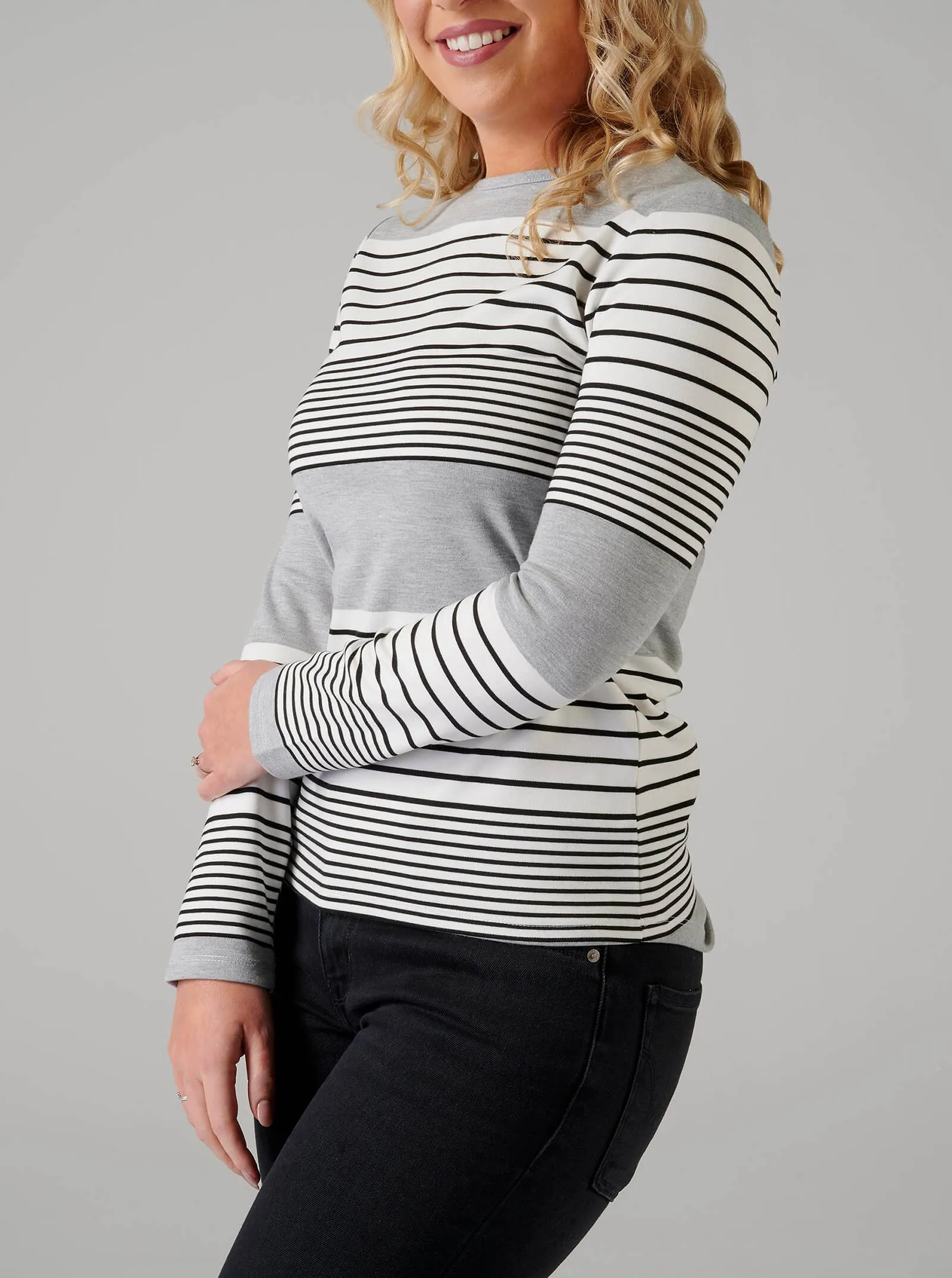Grey Striped Loose Fit Long Sleeve Top