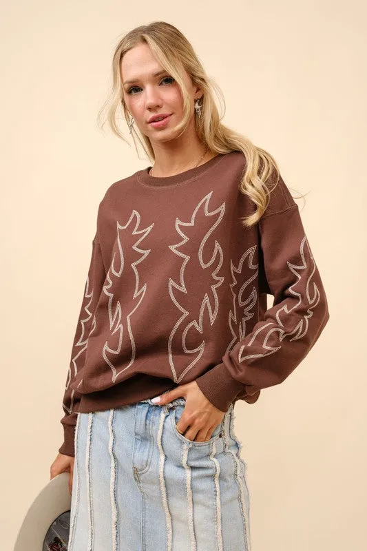 Kelly Western Boots Stitch Pullover Sweatshirt