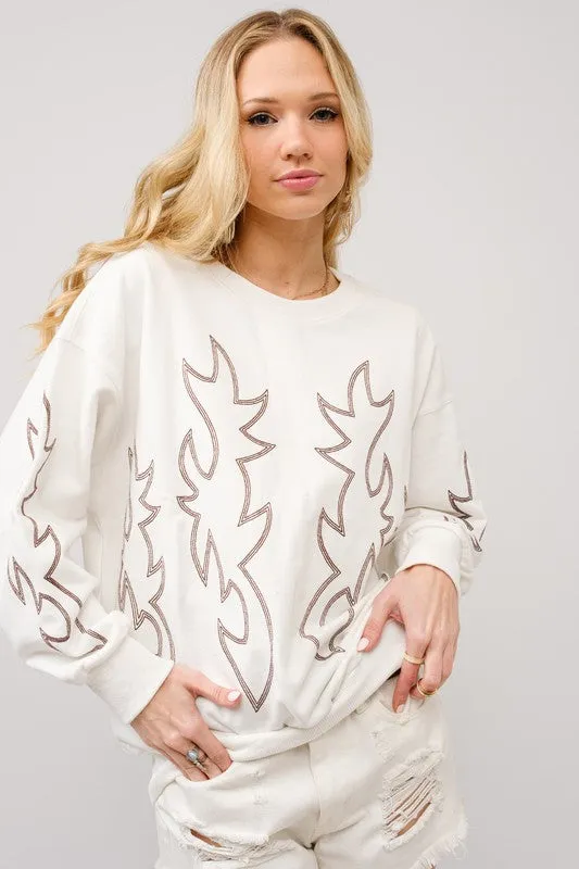 Kelly Western Boots Stitch Pullover Sweatshirt