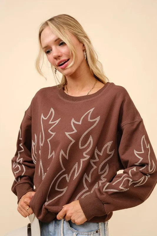 Kelly Western Boots Stitch Pullover Sweatshirt