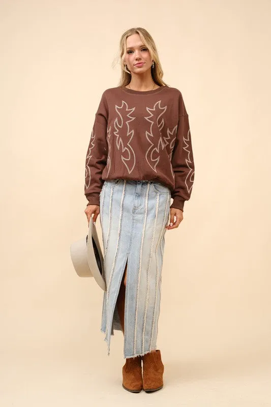 Kelly Western Boots Stitch Pullover Sweatshirt
