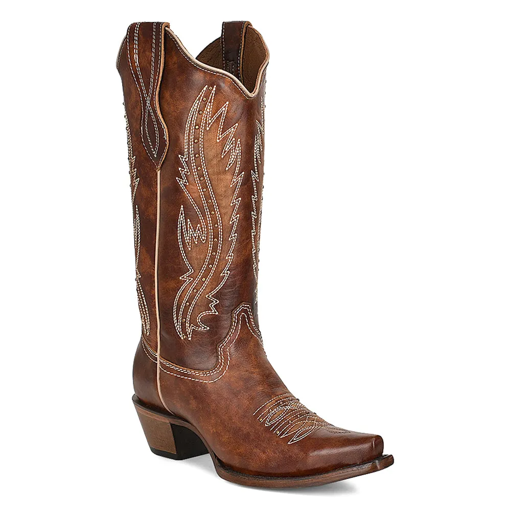 Ld Tan Embroidery & Studs Snip Toe Cowboy Boots