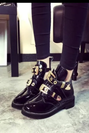 Let It Be Gold Buckle Black Ankle Boots