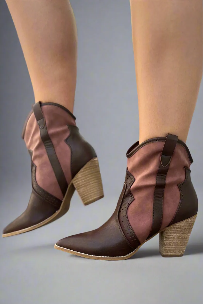 Point Overlay Western Ankle Boots - Brown