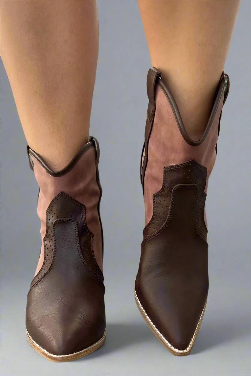 Point Overlay Western Ankle Boots - Brown