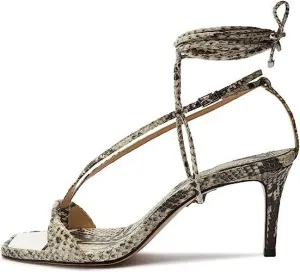 Schutz Vikki Lo Natural Snake Ankle Strap Lace up Open Toe Mid Heel Sandals