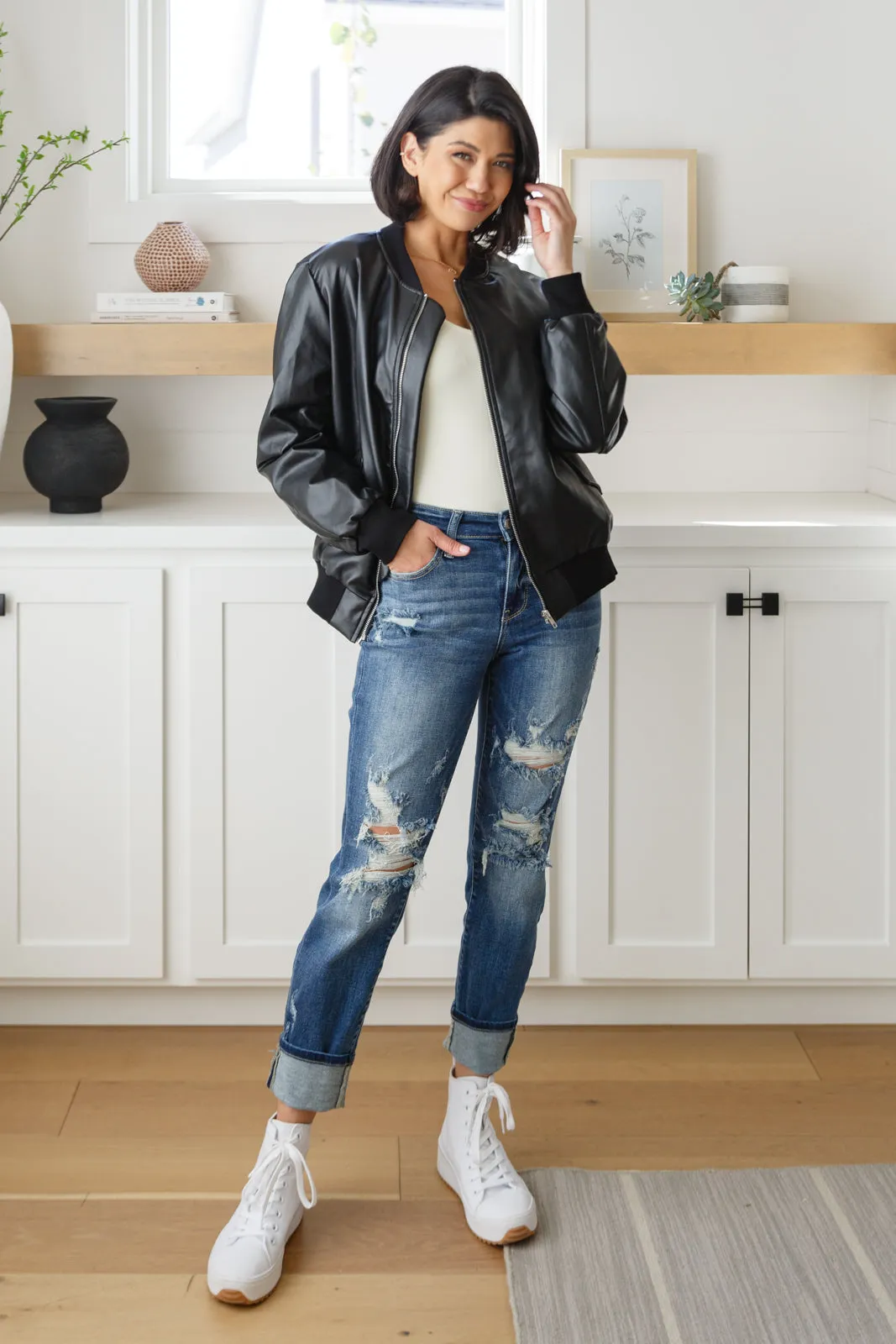 This Is It Faux Leather Bomber Jacket In Black (Reg & Curvy)