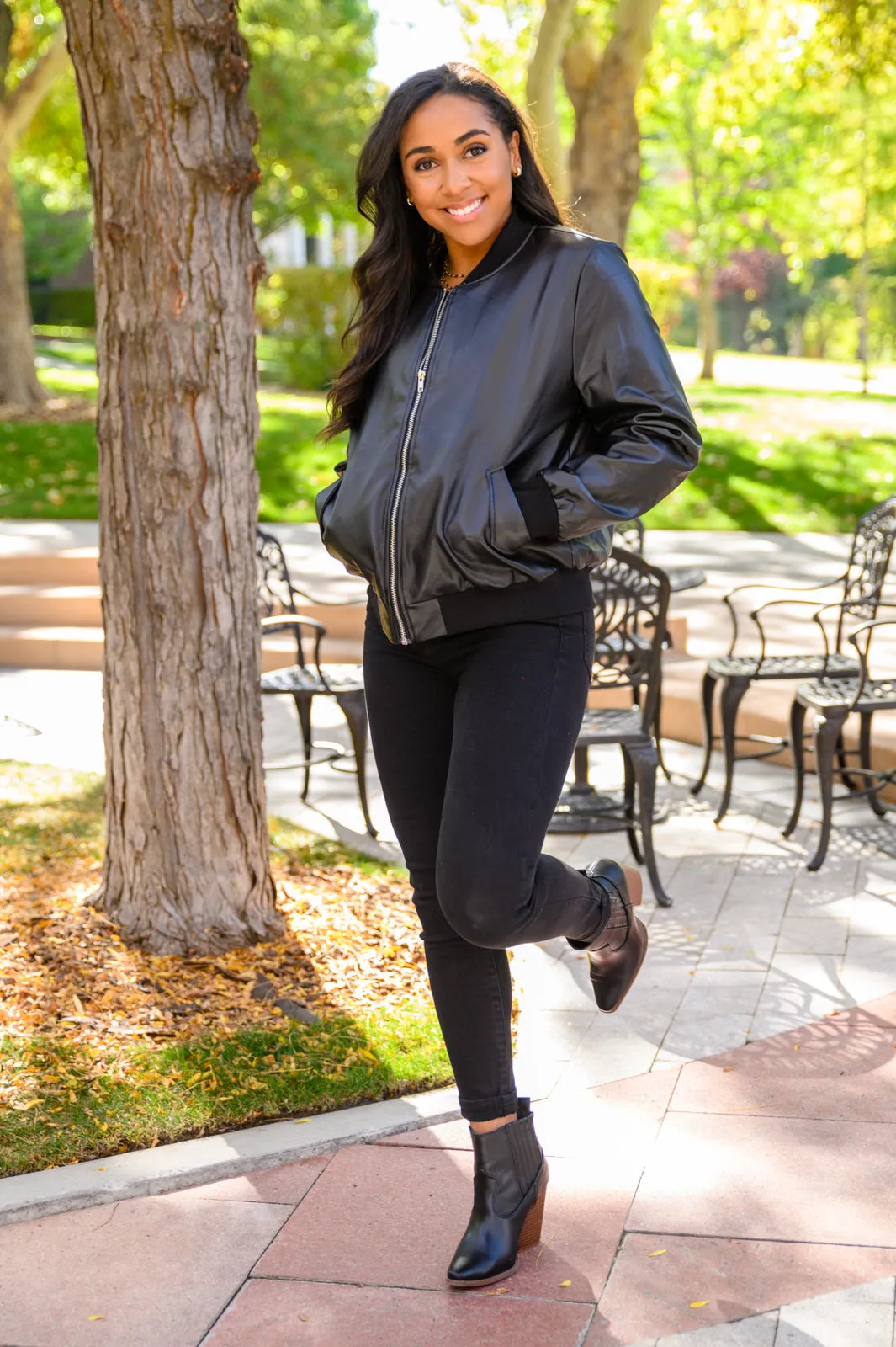 This Is It Faux Leather Bomber Jacket In Black (Reg & Curvy)