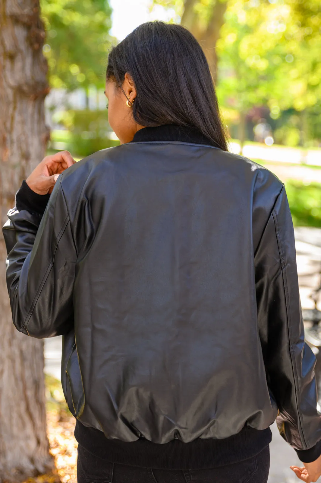 This Is It Faux Leather Bomber Jacket In Black (Reg & Curvy)