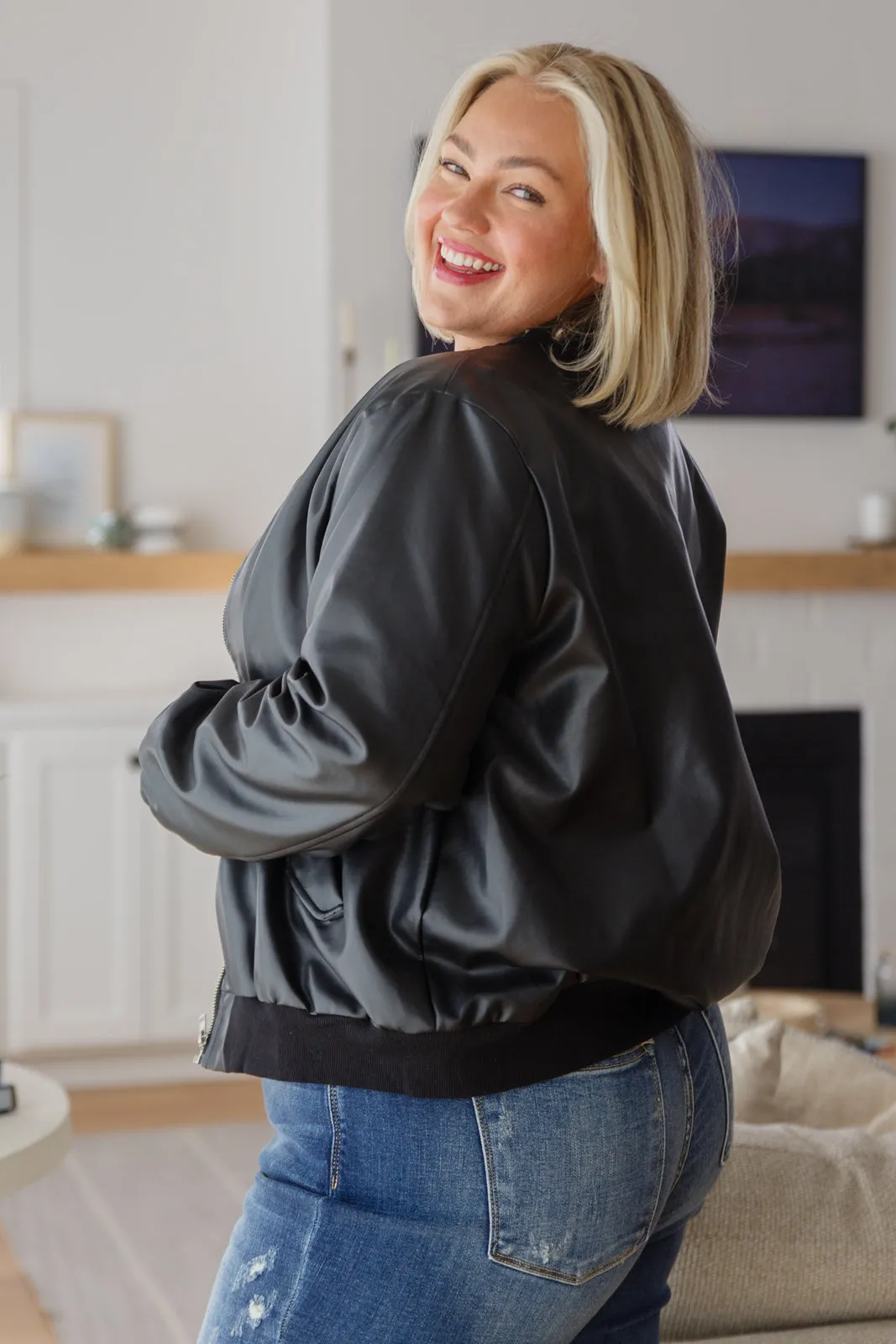 This Is It Faux Leather Bomber Jacket In Black (Reg & Curvy)