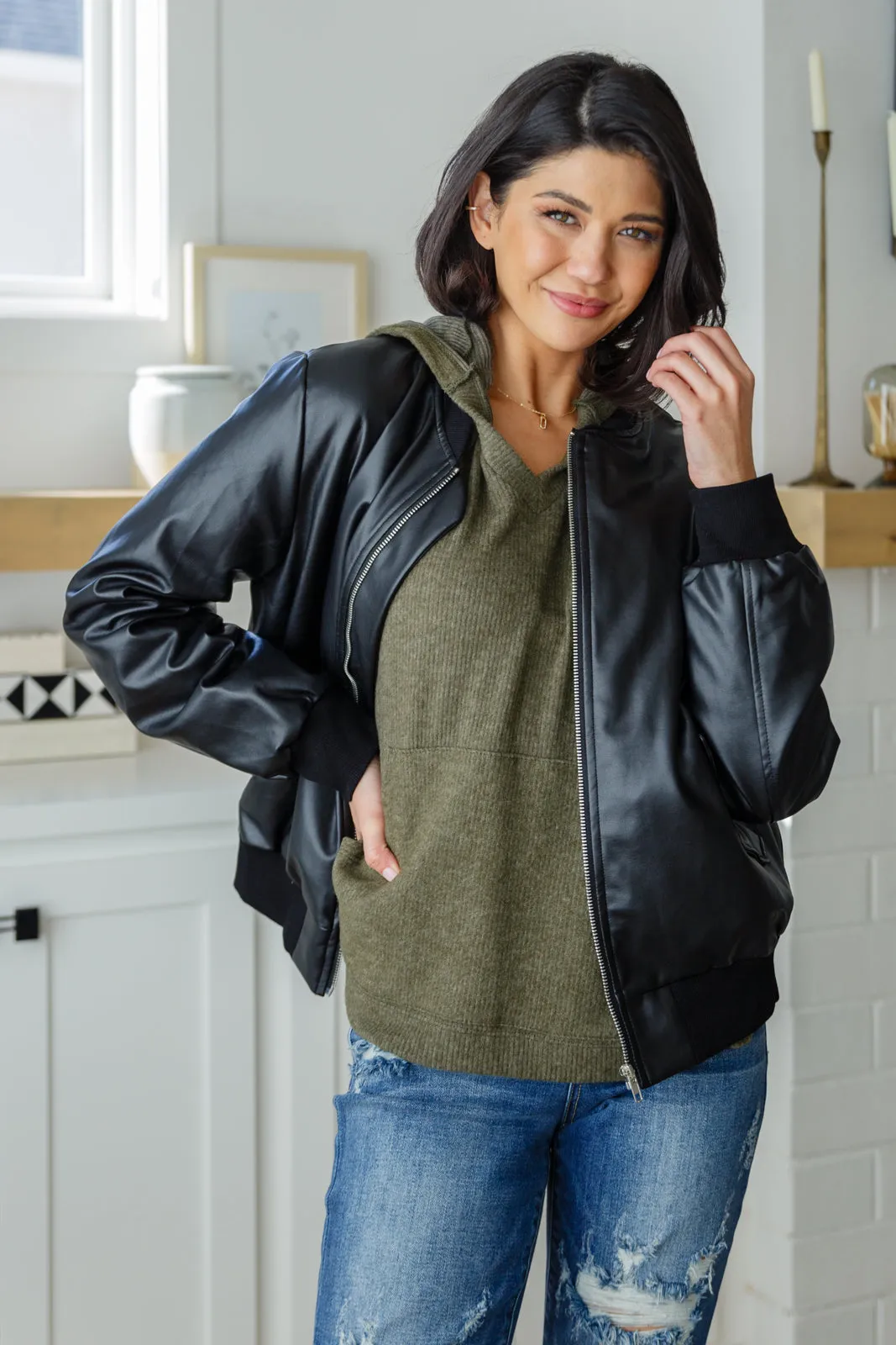 This Is It Faux Leather Bomber Jacket In Black (Reg & Curvy)