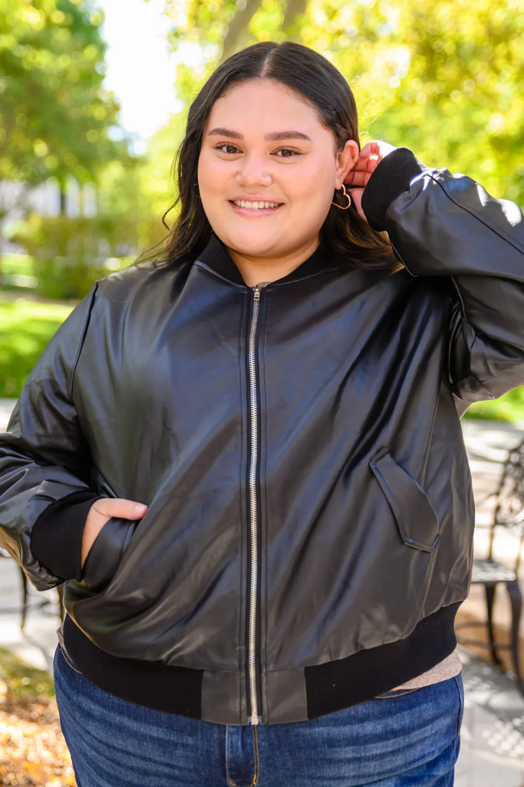 This Is It Faux Leather Bomber Jacket In Black (Reg & Curvy)