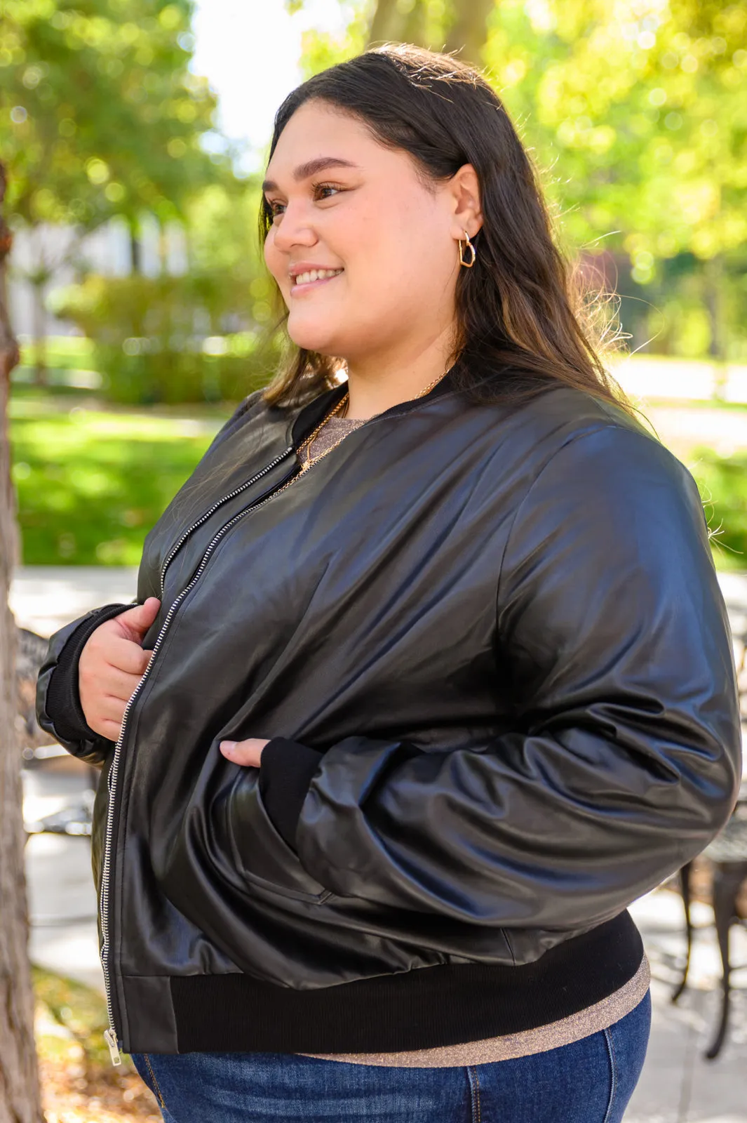 This Is It Faux Leather Bomber Jacket In Black (Reg & Curvy)