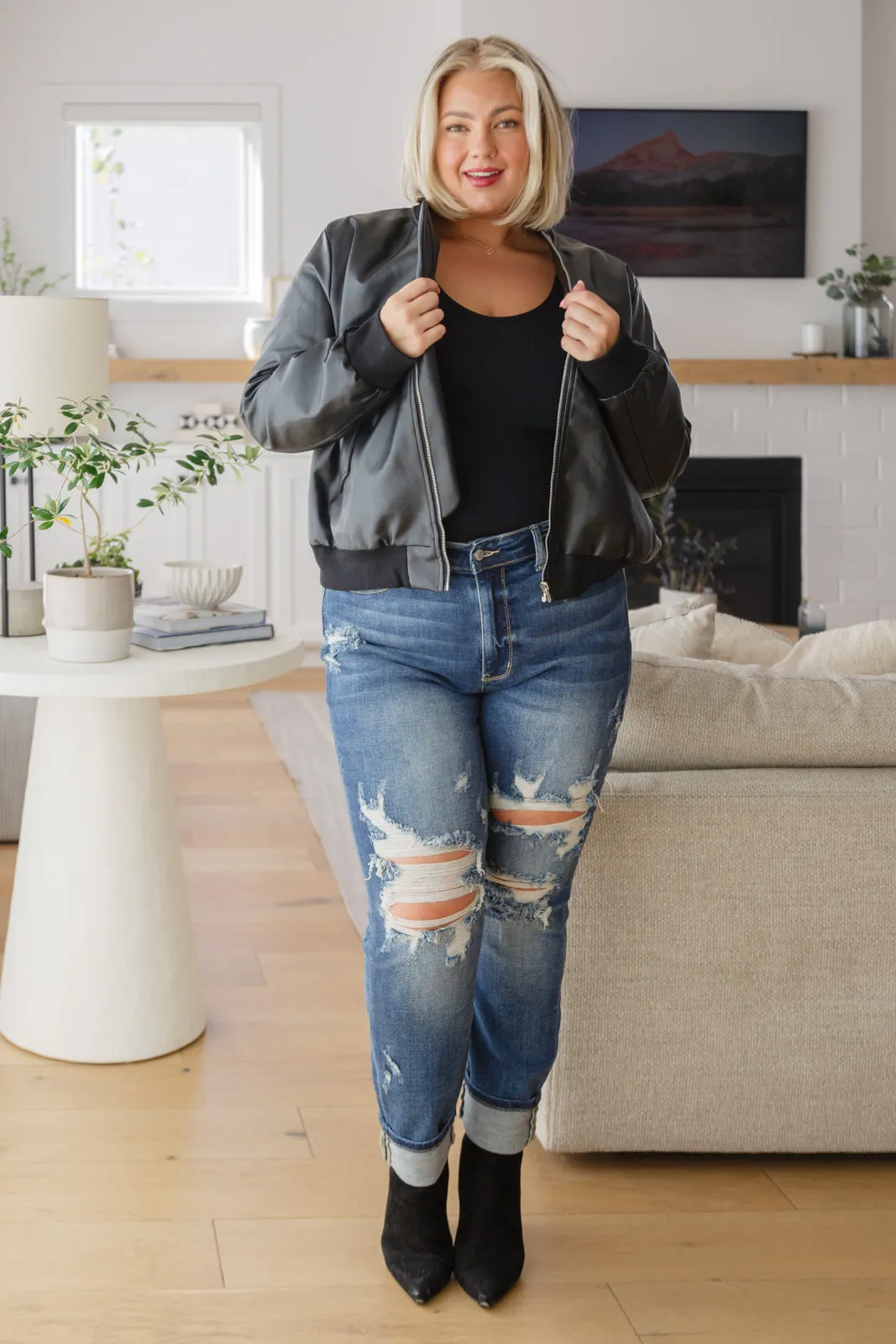 This Is It Faux Leather Bomber Jacket In Black (Reg & Curvy)