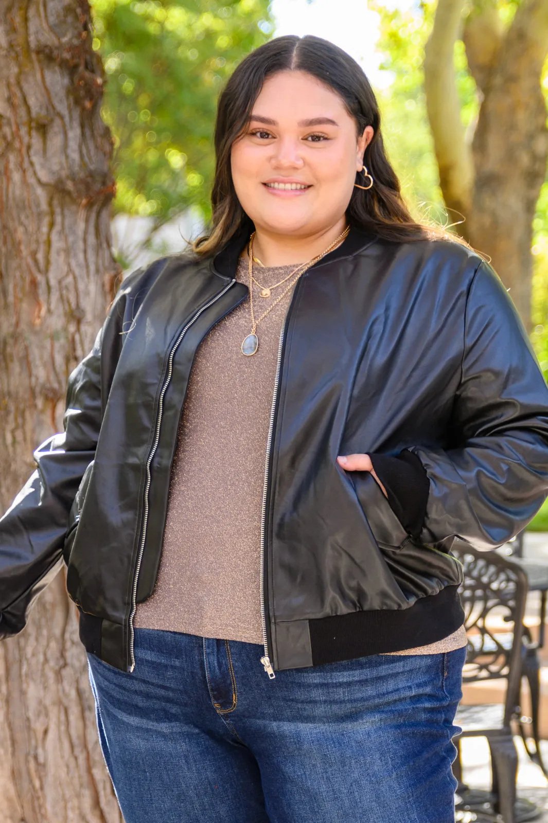 This Is It Faux Leather Bomber Jacket In Black (Reg & Curvy)