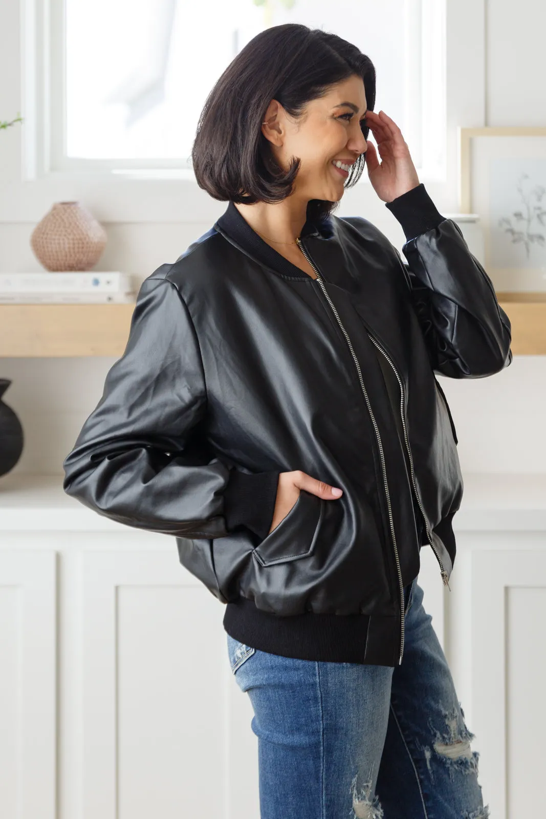 This Is It Faux Leather Bomber Jacket In Black (Reg & Curvy)