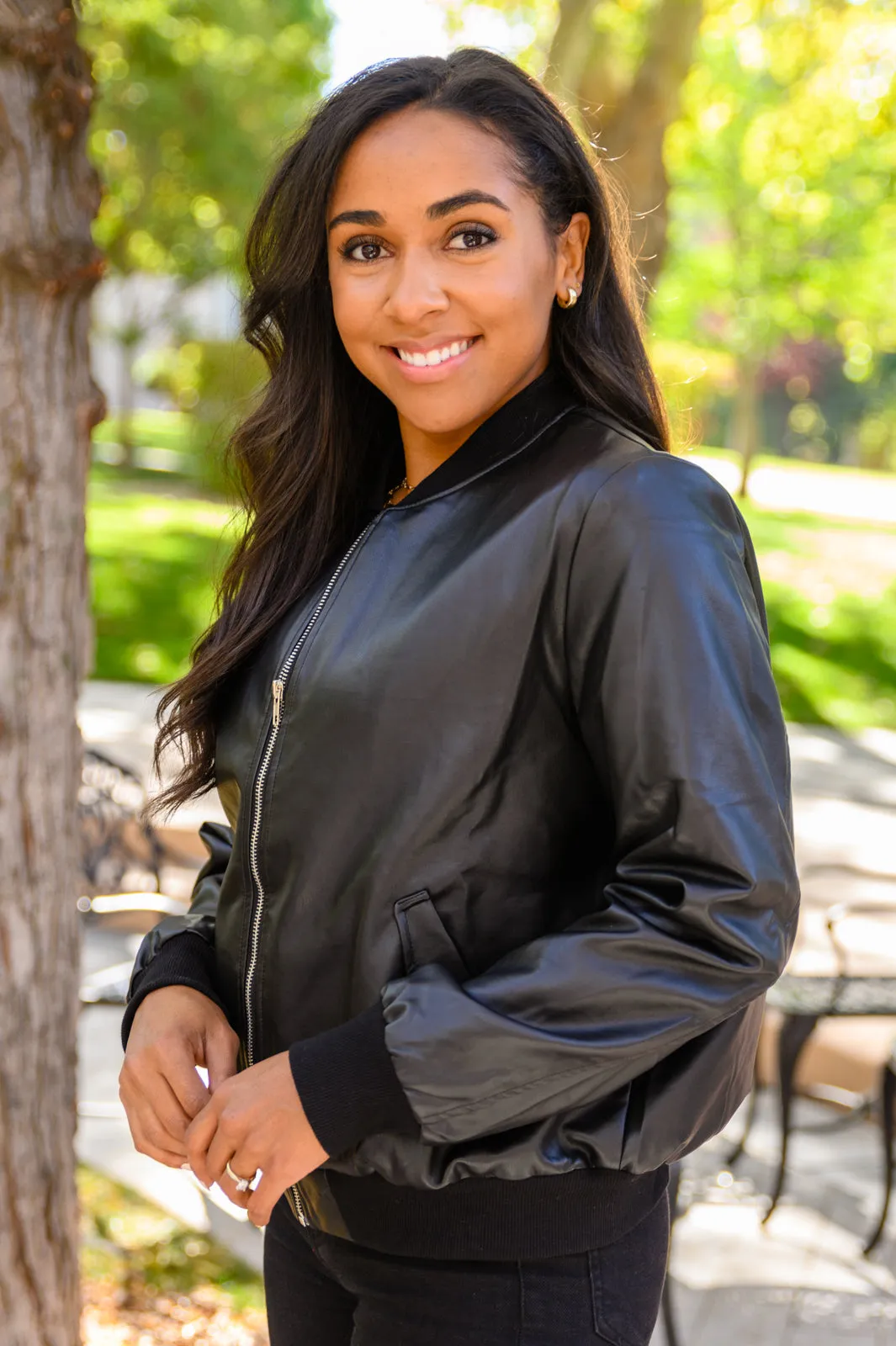 This Is It Faux Leather Bomber Jacket In Black (Reg & Curvy)