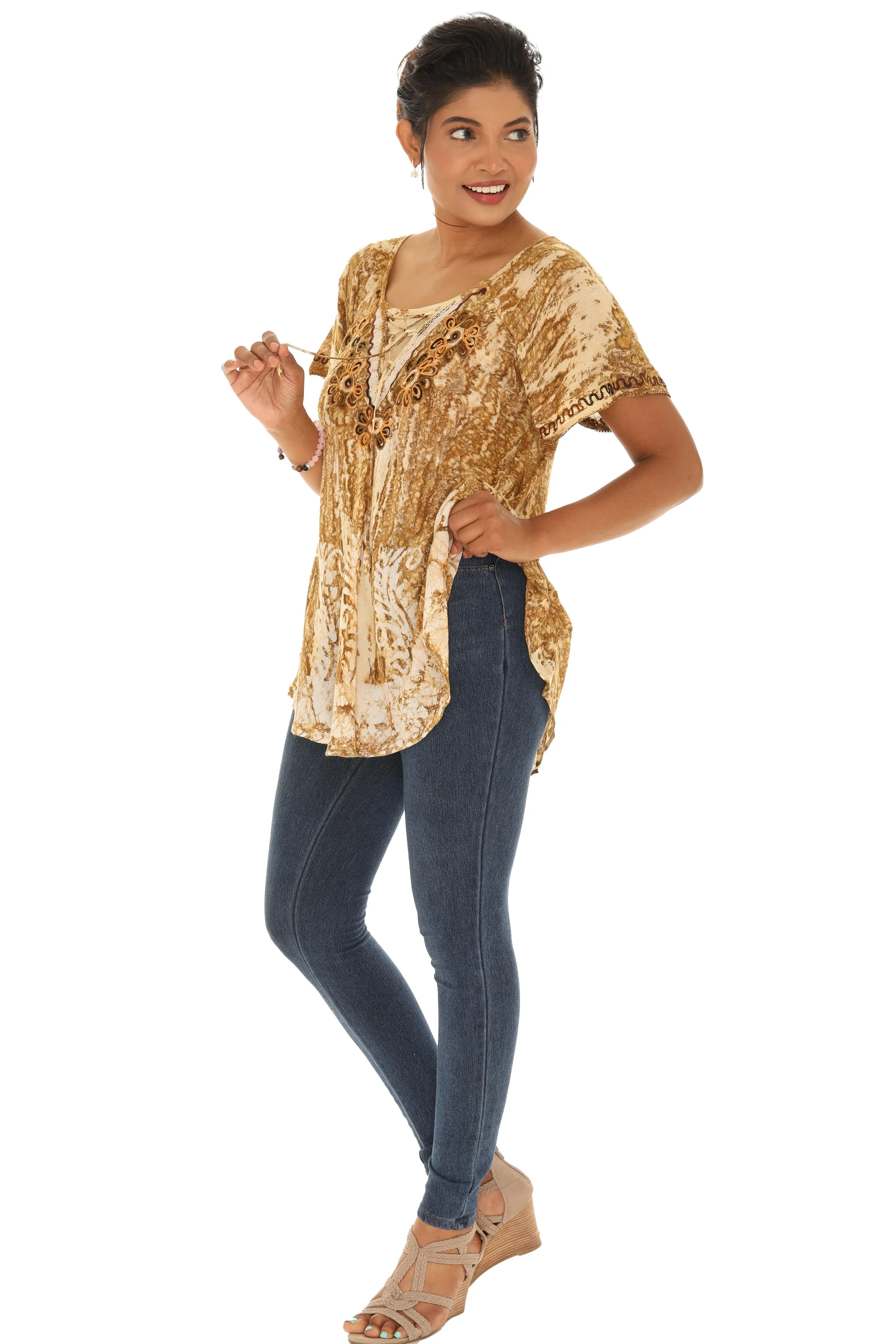 Tie-Dye Scoop Neck Three-Quarter Sleeve Tunic