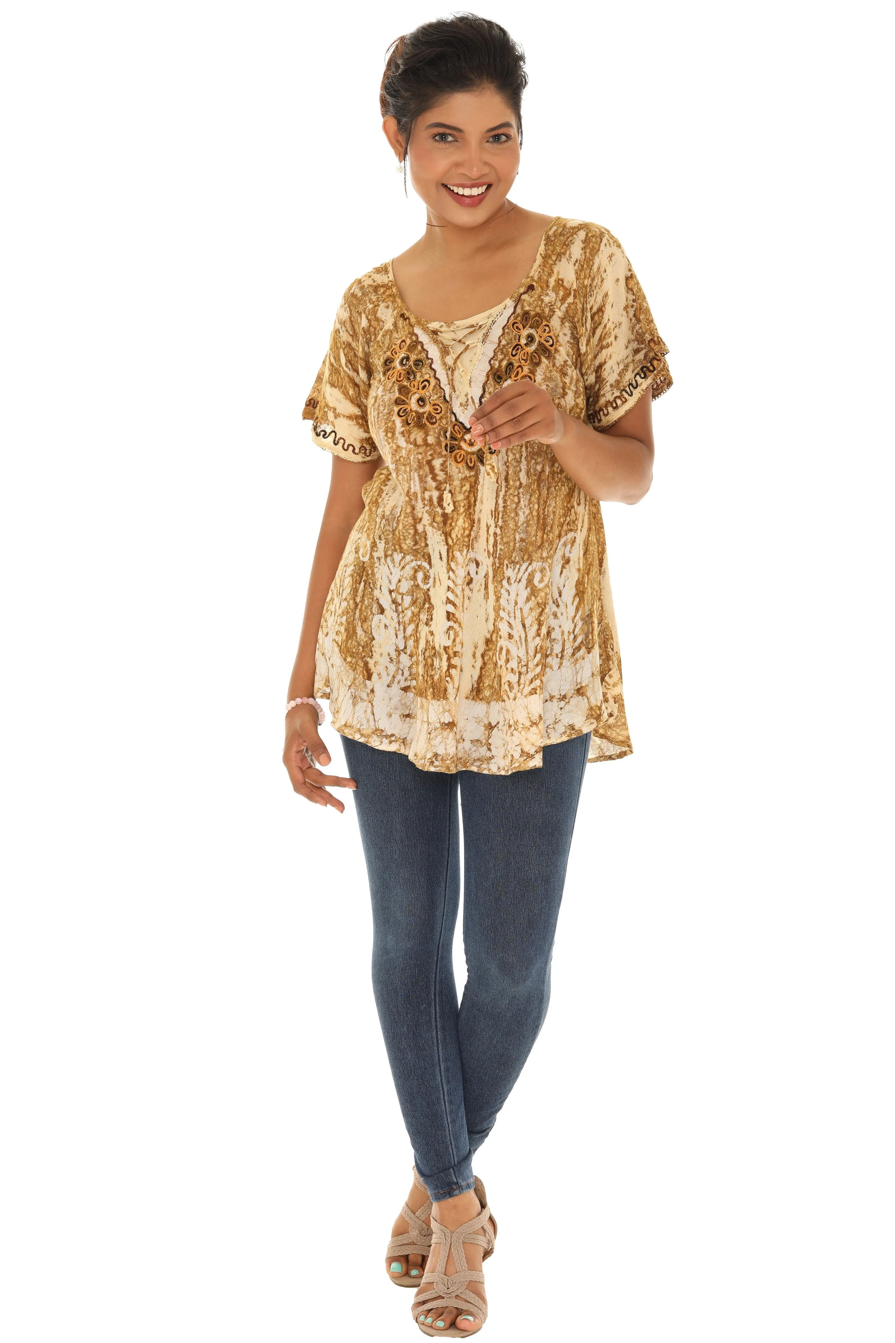 Tie-Dye Scoop Neck Three-Quarter Sleeve Tunic