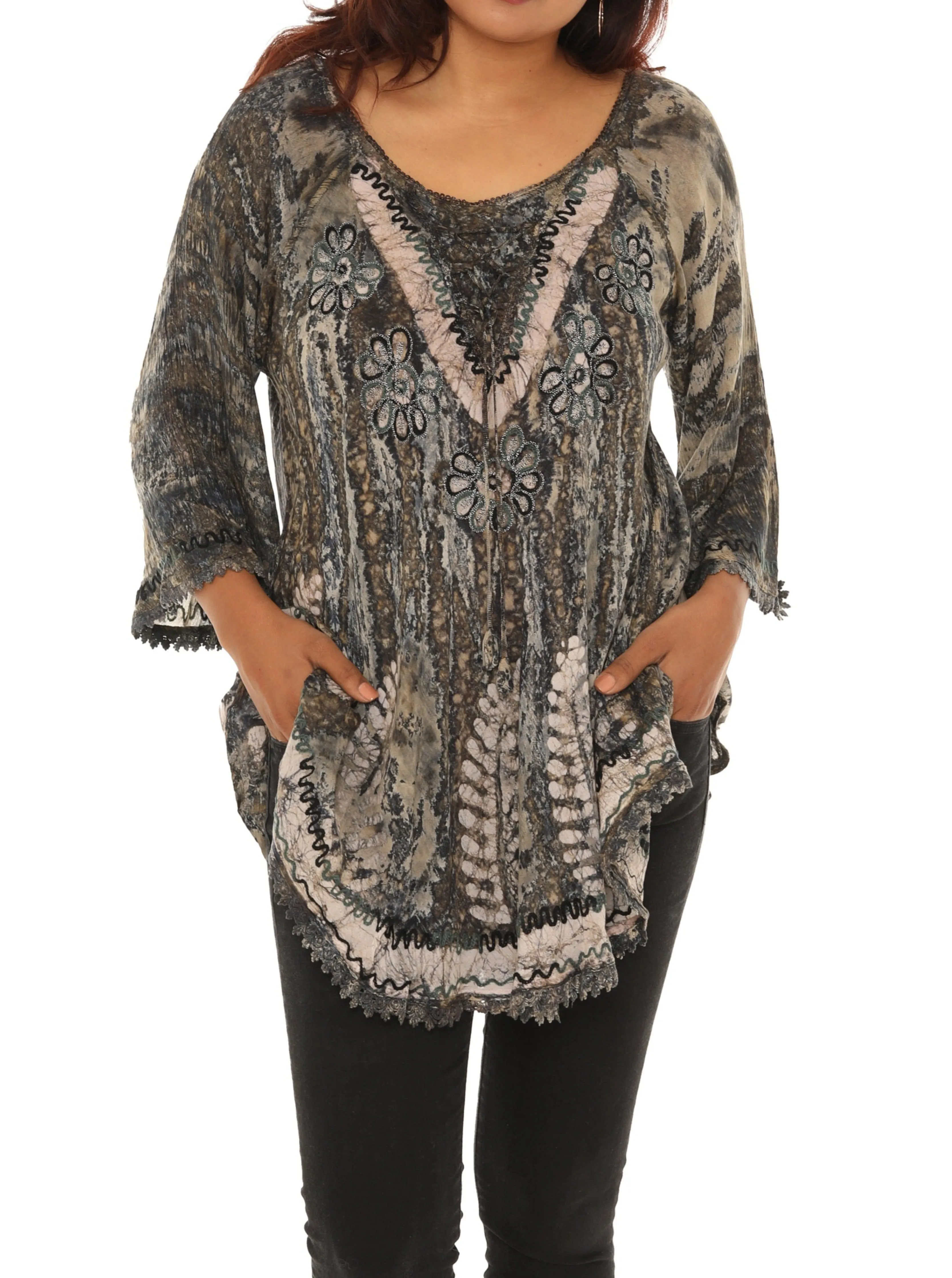 Tie-Dye Scoop Neck Three-Quarter Sleeve Tunic