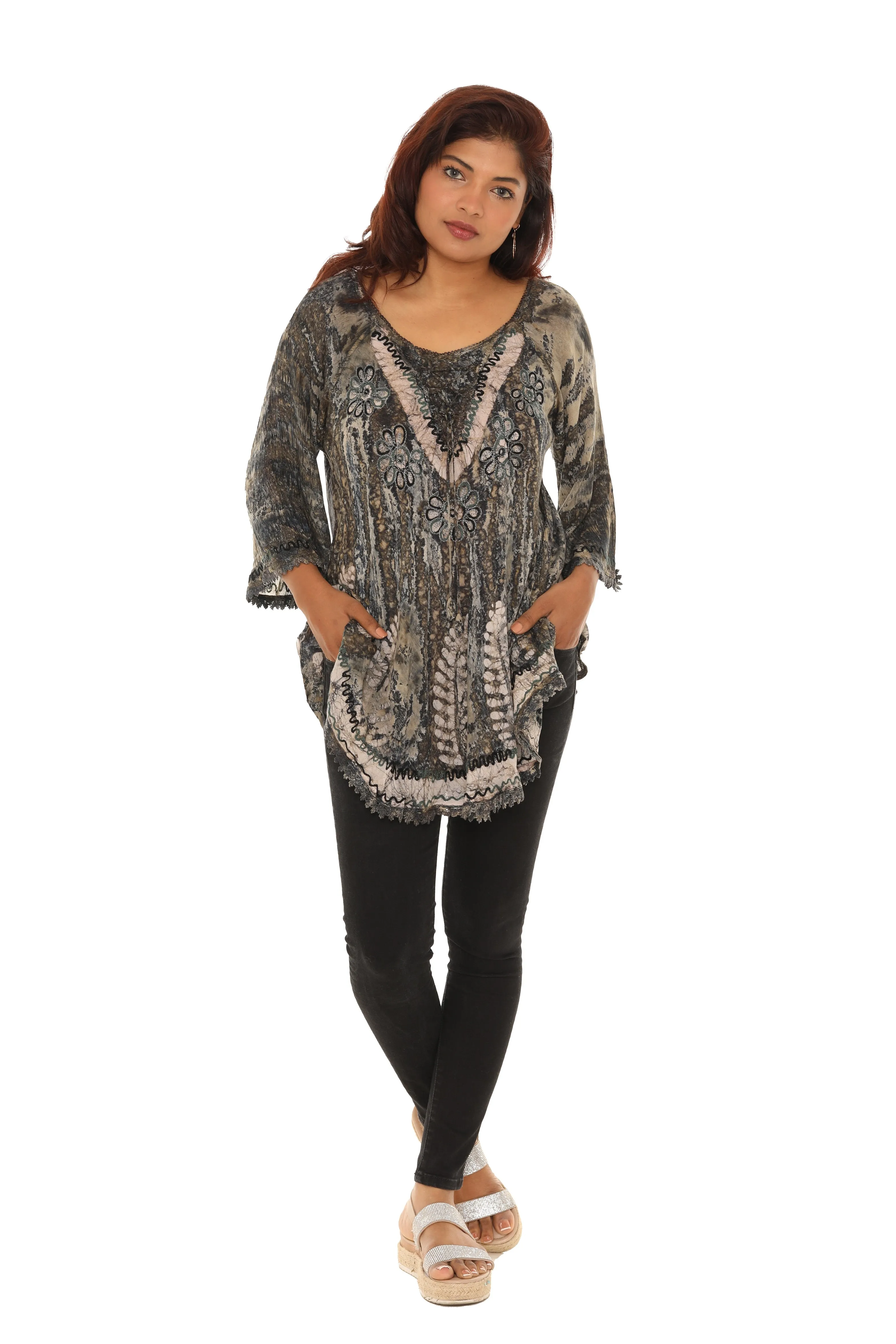 Tie-Dye Scoop Neck Three-Quarter Sleeve Tunic