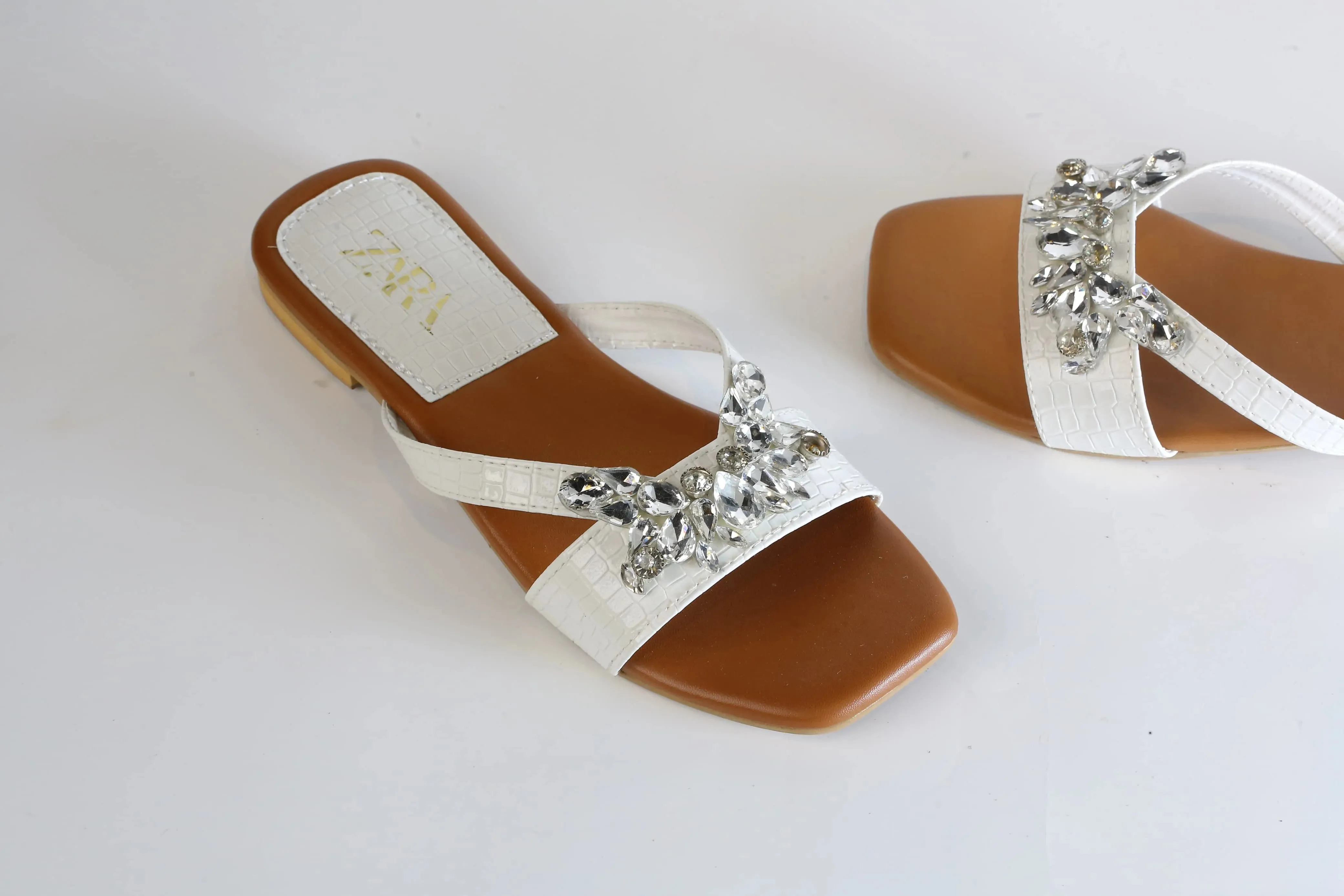 ZARA CRYSTAL FLAT SANDALS - WHITE